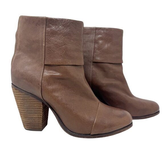 RAG & BONE Newbury Brown Leather Back Zip Ankle Heel Boots Booties size 7 37 - Picture 1 of 11